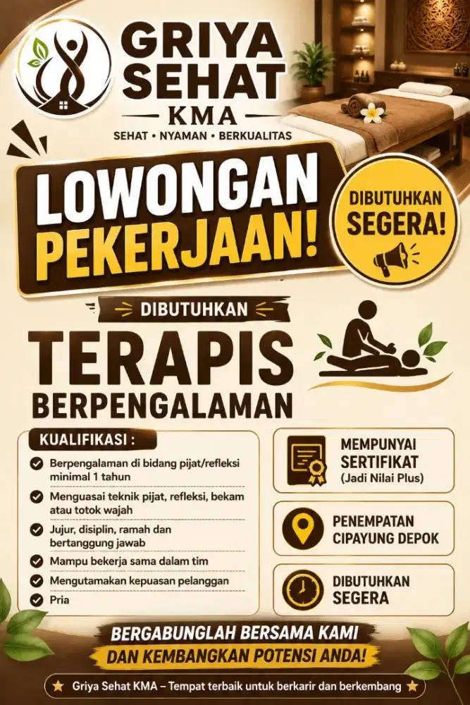 Dibutuhkan segera tenaga terapis pria dan wanita