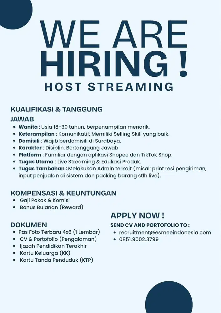 Lowongan Pekerjaan Host Streaming Wanita