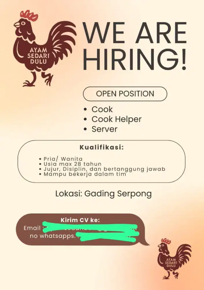 DIBUTUHKAN STAFF FNB COOK / COOK HELPER / SERVER SILAHKAN CHAT