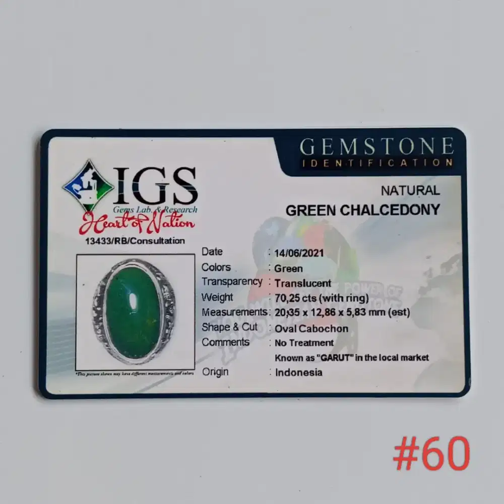 Batu natural green Chalcedony. Batu hijau Garut. Gem id card IGS