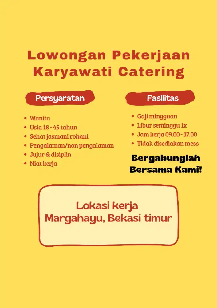 Lowongan Kerja Karyawati Catering Bekasi Timur