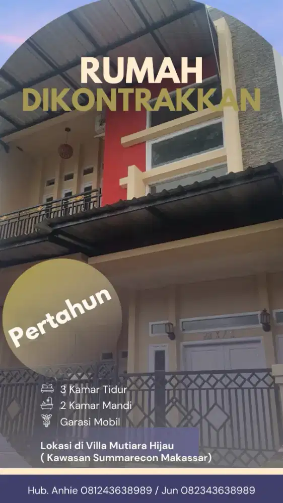 Disewakan rumah 2 lt di area summarecon makassar/villa mutiara (nego)