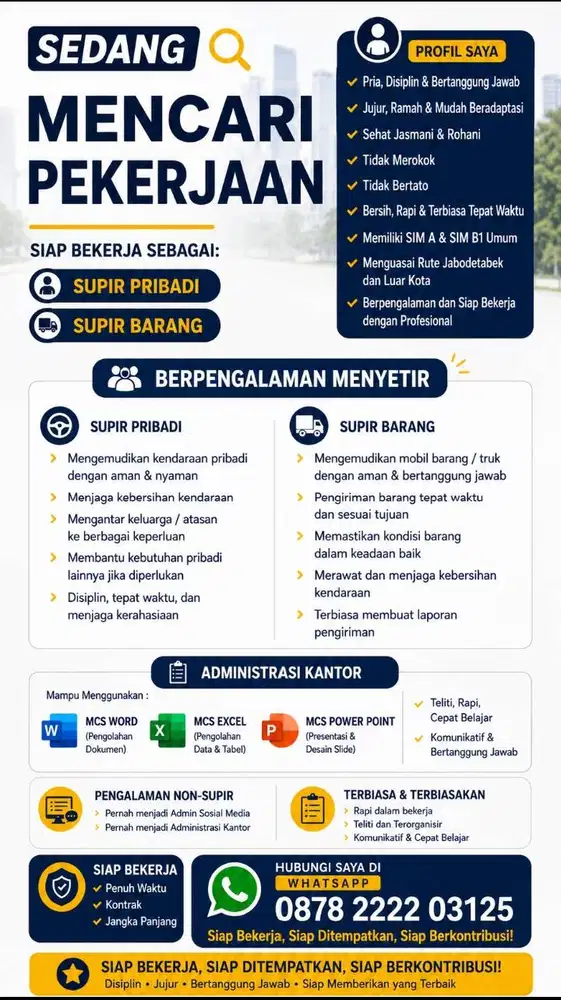 Mencari pekerjaan, saya bisa administrasi, saya bisa supir ,