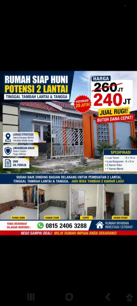 Jual Murah, lokasi belakang kampus, 6x14 hanya 240jt .nego