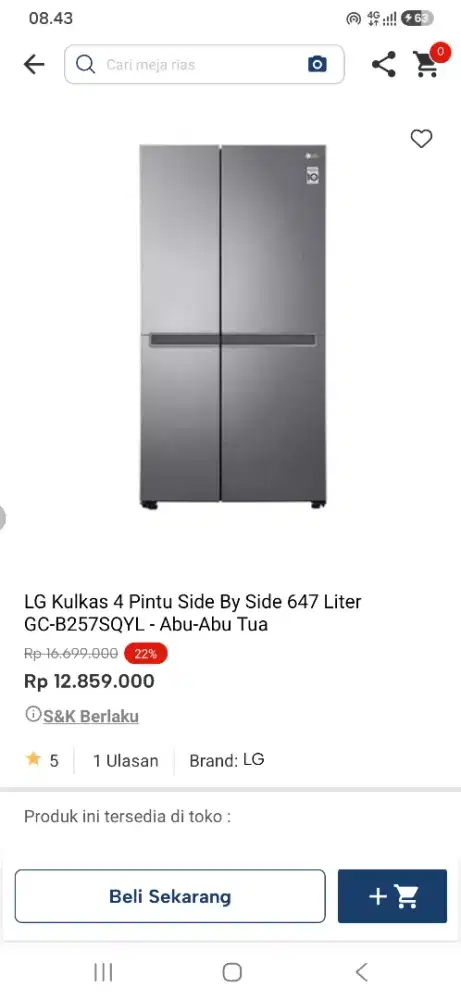 LG kulkas 4 pintu side by side 647 ltr gc b257sq