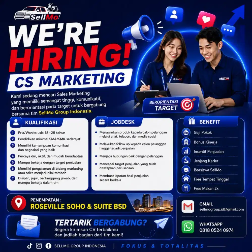Lowongan kerja sosial media specialist dan Cs Marketing Digital