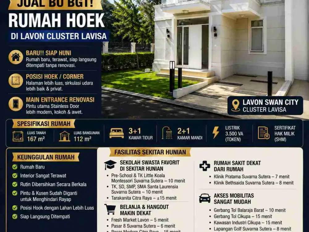 Dijual Rumah Hoek Lavon Swan City Cluster Lavisa SHM Siap Huni Harga Rp2,18 M Nego