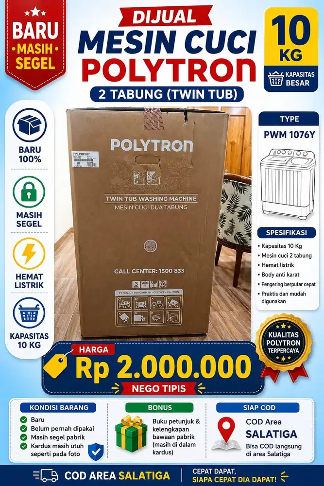 Mesin cuci baru polytron belum buka kardus