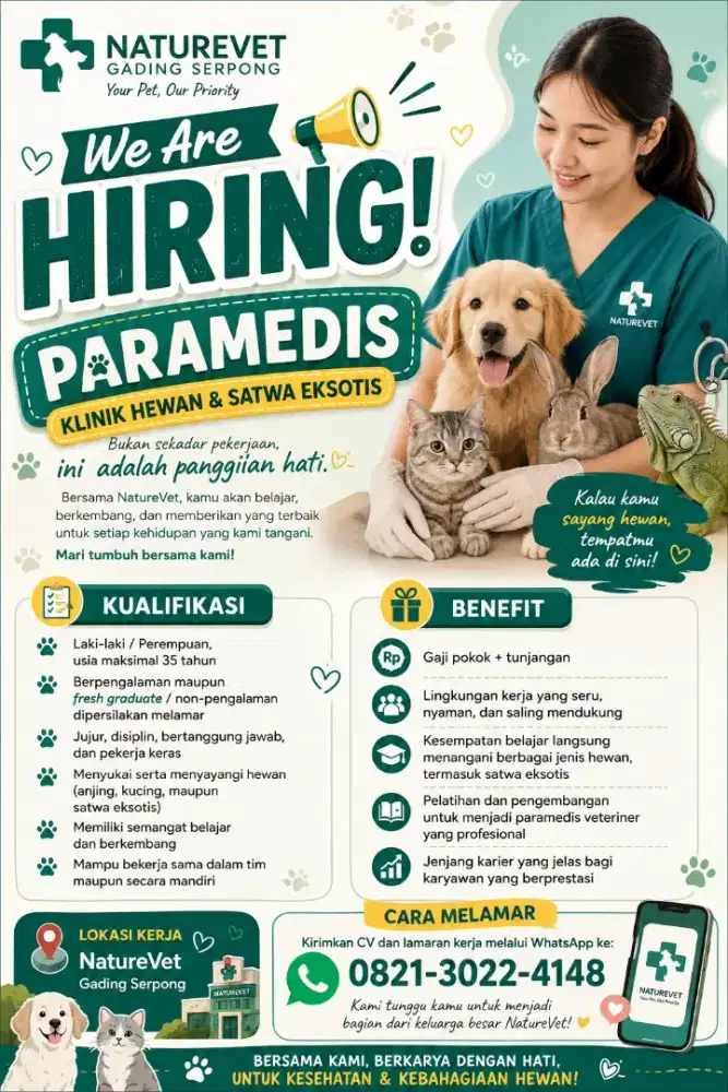 Open Recruitment Paramedis klinik Hewan dan eksotik.