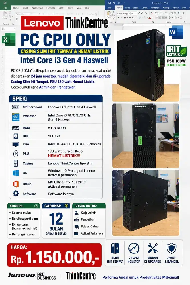 PC CPU ONLY | Casing Slim Irit Tempat & Hemat Listrik | Intel Core i3