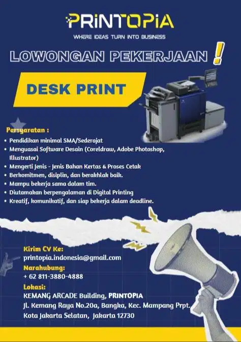 Dibutuhkan Deskprint Berpengalaman - Digital Printing Kemang