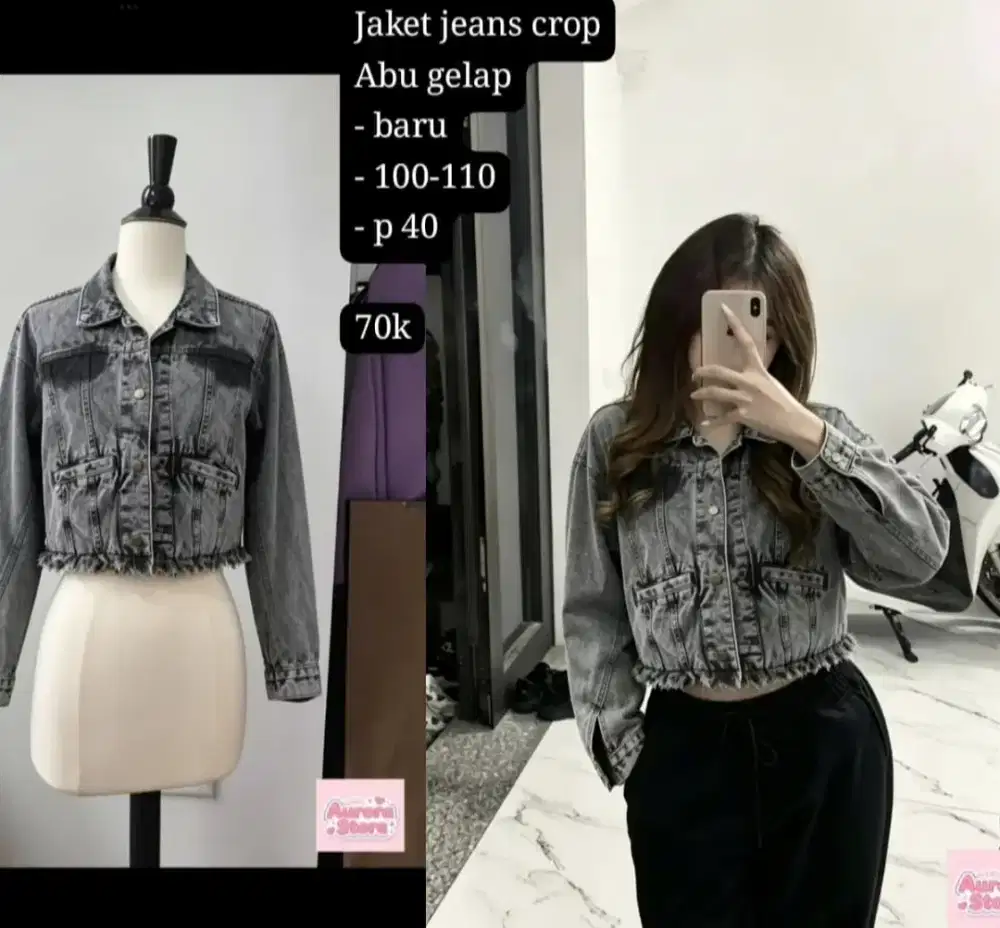 Jaket jeans crop wanita abu gelap