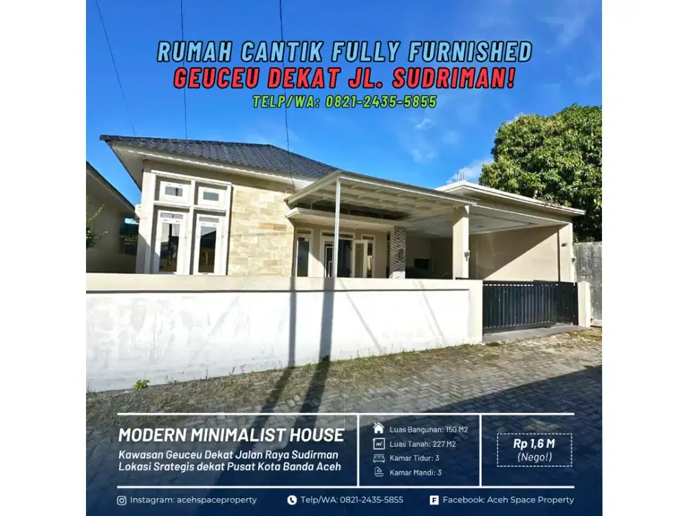 Dijual Rumah Fully Furnished di Geuceu Dekat Jalan Raya Sudirman - Lengkap Fasilitas dan Perabotan!