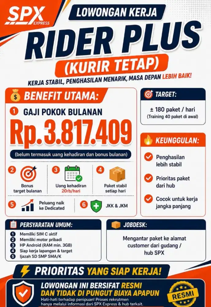 LOKER  KURIR MOTR DELIVERY SPX EXPRESS JAKARTA
