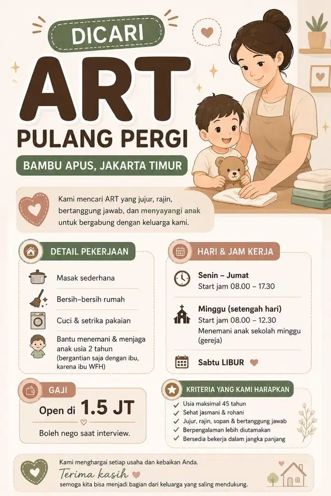 Dicari ART Pulang-Pergi daerah Bambu Apus Jakarta Timur