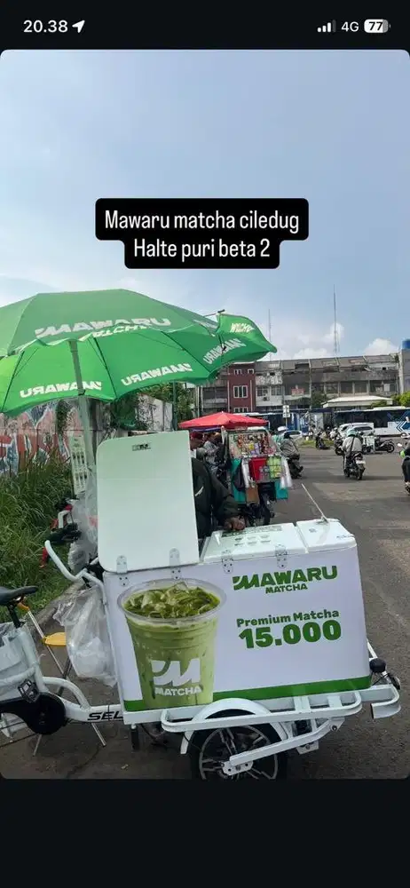 Berjualan matcha keliling dengan gerobak sepeda listrik
