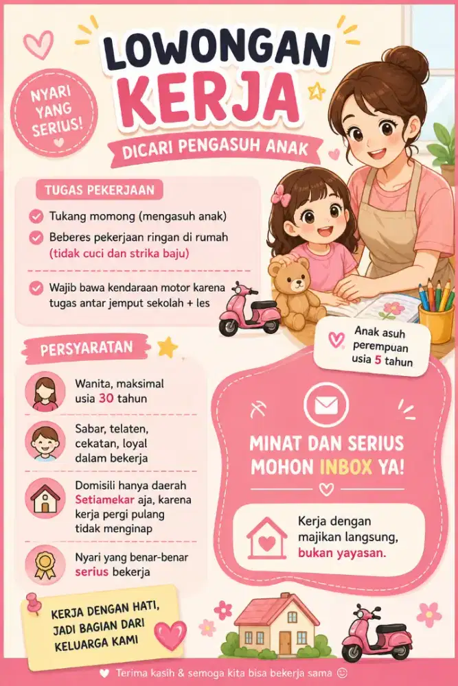 Dicari tukang momong + beberes rumah ringan