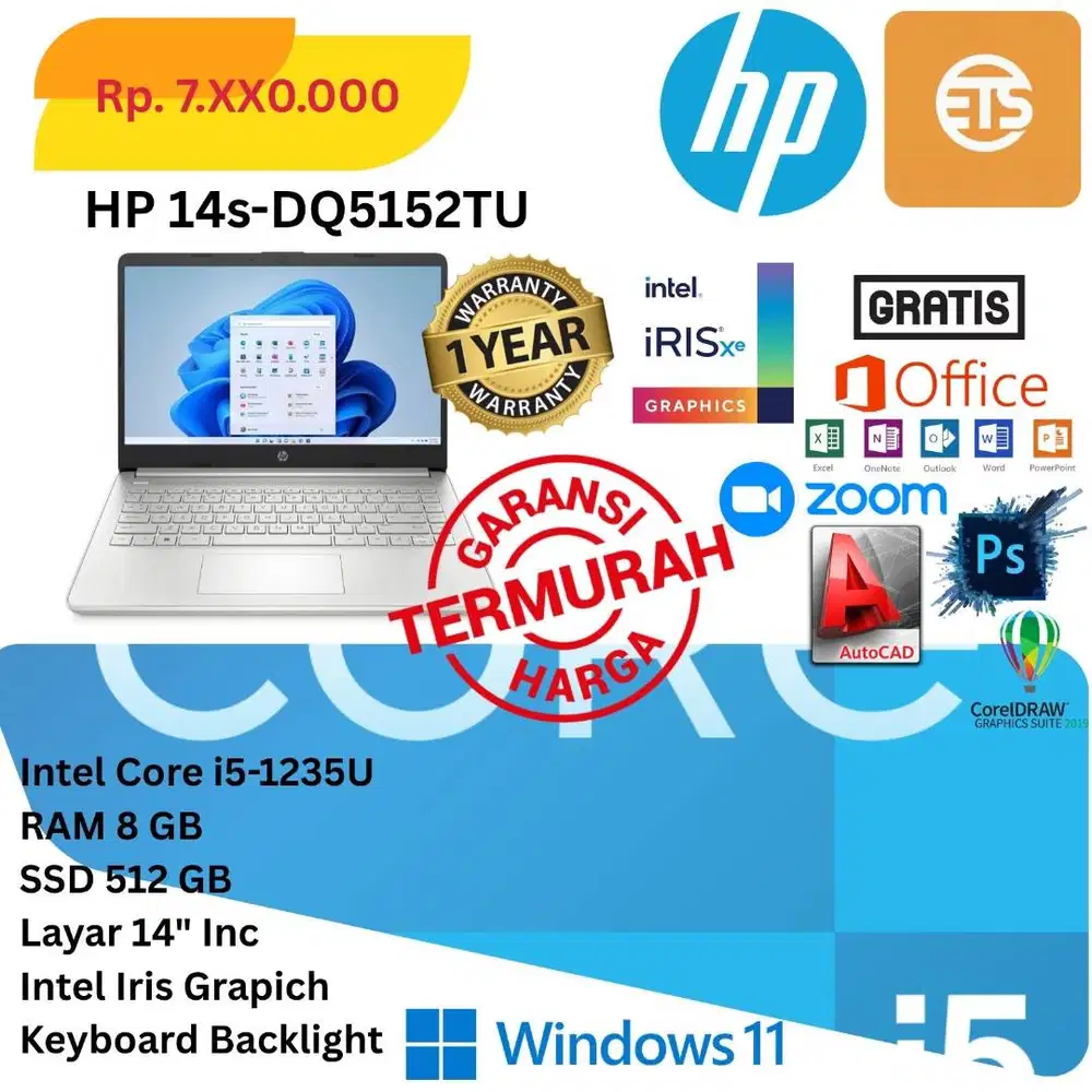 New HP 14s Core i5-1215U Ram 8Gb SSD 512Gb Grafik Iris Layar 14 FHD