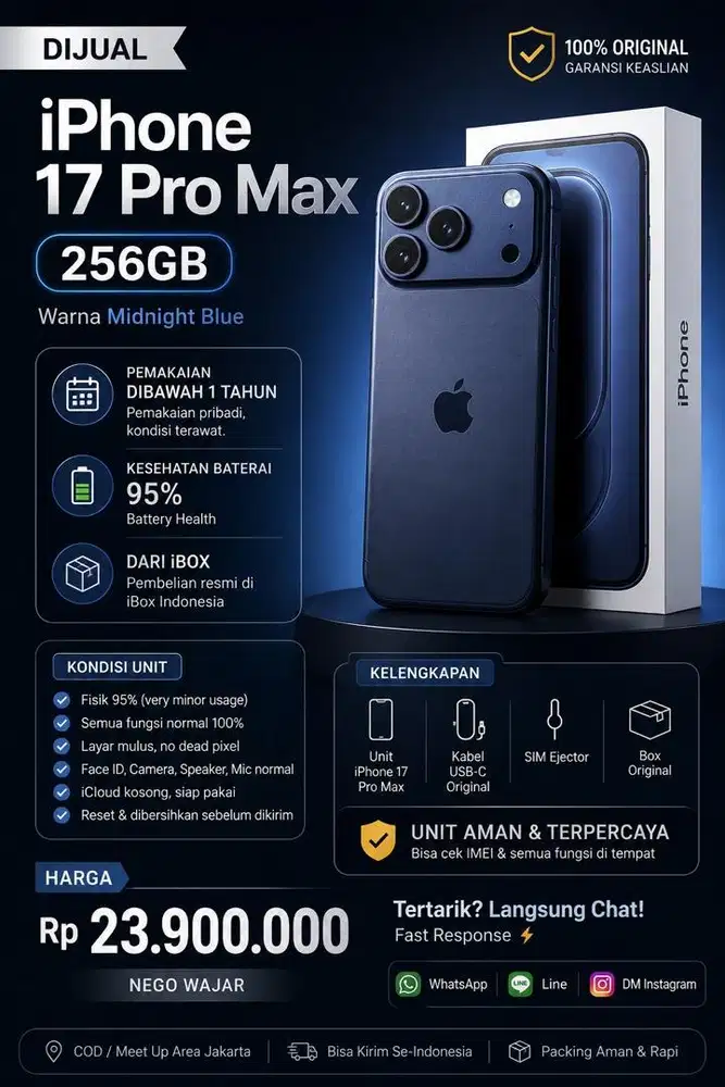 iPhone 17 Pro Max 256GB Midnight Blue – Like New, BH 95%!