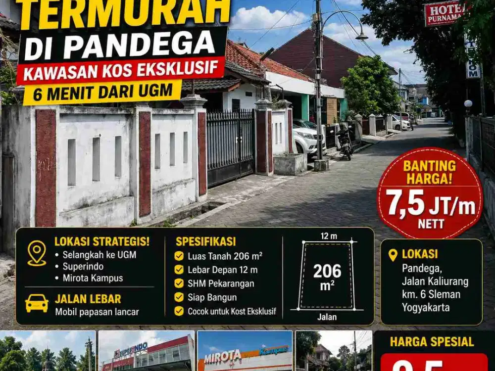 Banting Harga! Tanah Kavling Termurah di Pandega Dekat UGM LT 206 m² Harga 7,5 Juta/m²