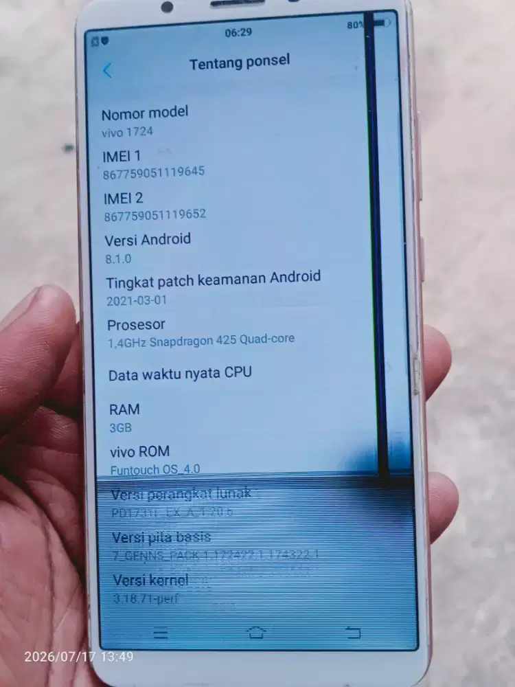 jual aja nih hp Vivo 1724/Vivo y71 ram 3/32 minus lcd aja garak tekan