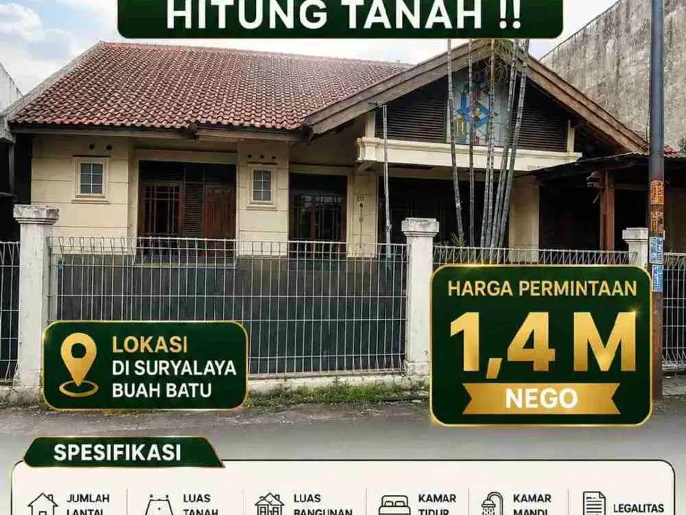 Dijual Cepat TerMurah Rumah Hitung Tanah Di Suryalaya Buahbatu Bandung