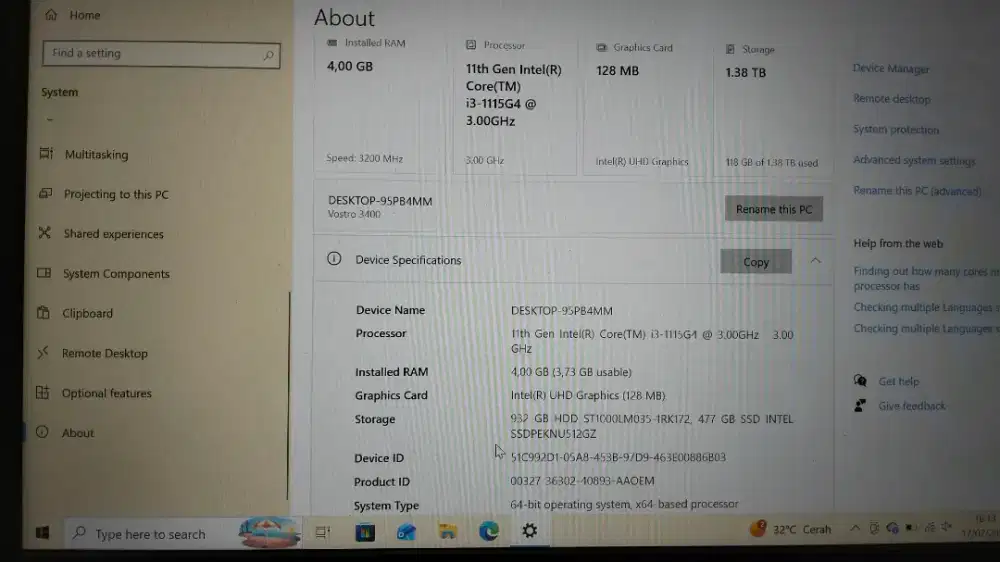 Dell Vostro 3400 i3 Ram 4GB SSD 512GB