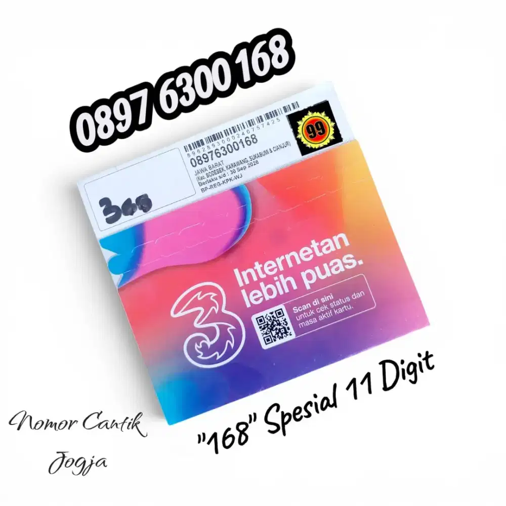 Nomor Cantik 3 Three 11 Digit Ekor 168