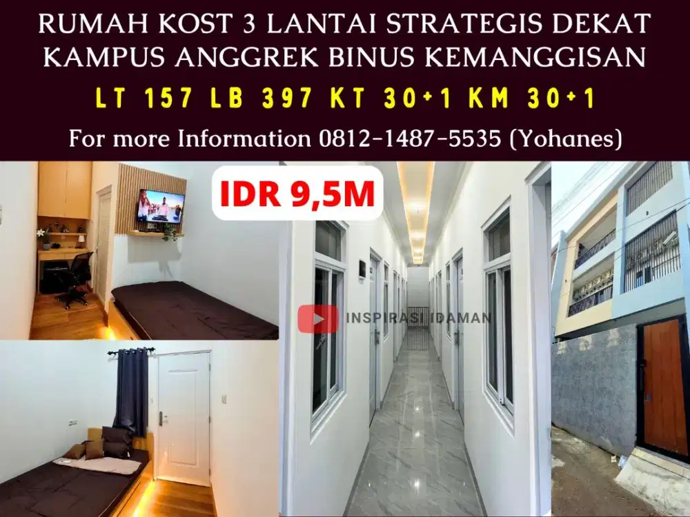 Rumah Kost 3 Lantai 30 Kamar Strategis dekat Kampus Anggrek Binus Kemanggisan