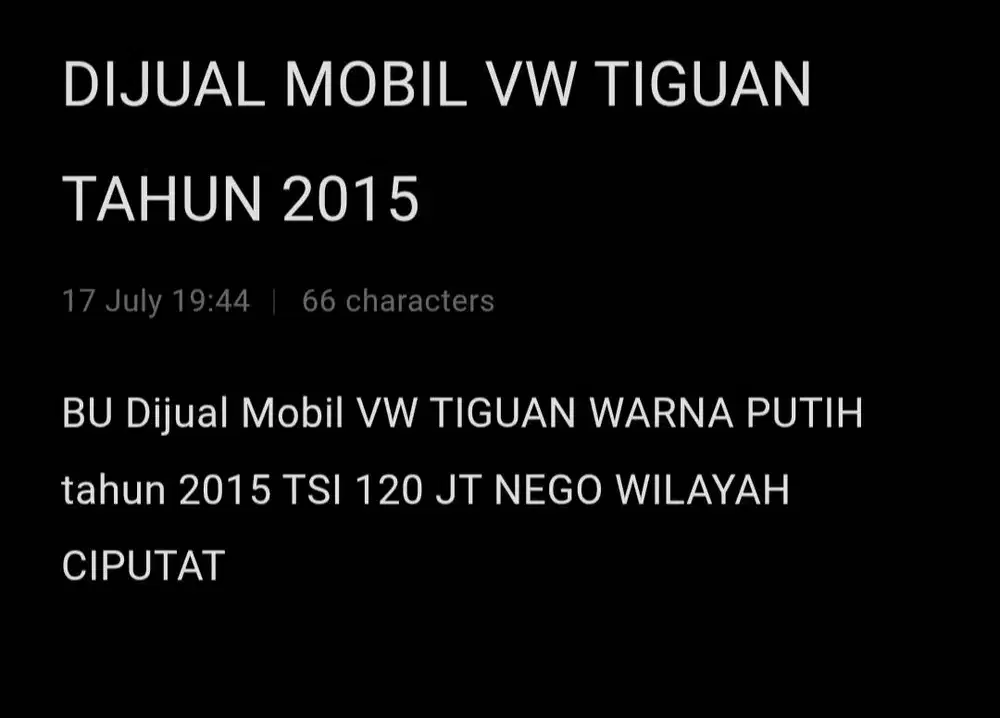 DIJUAL BU MOBIL VW TIGUAN 2015 TSI TURBO WARNA PUTIH 120JT NEGO