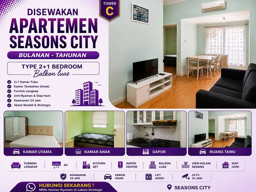 Disewakan Apartemen Seasons City Bulanan - Tahunan Type 2+1 Bedroom, B