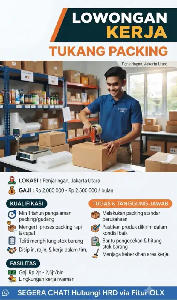 DICARI tukang packing PRIA domisili Penjaringan Bandengan 18-25 Tahun
