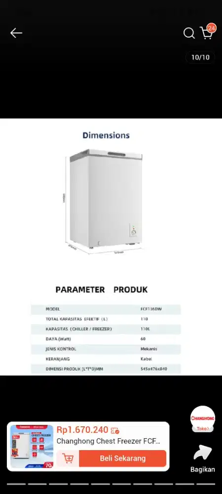 Dijual Changhong Deep Freezer masih baru belum pernah dipakai