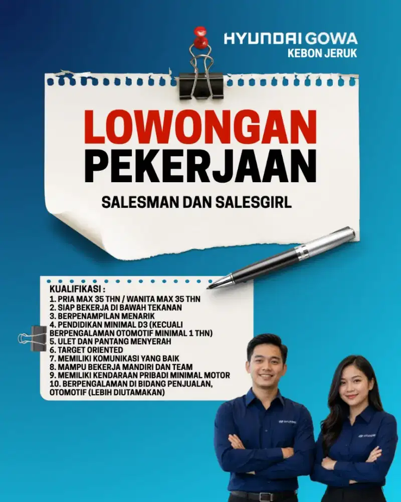 LOWONGAN PEKERJAAN HYUNDAI KEBON JERUK SALESMAN DAN SALESGIRL