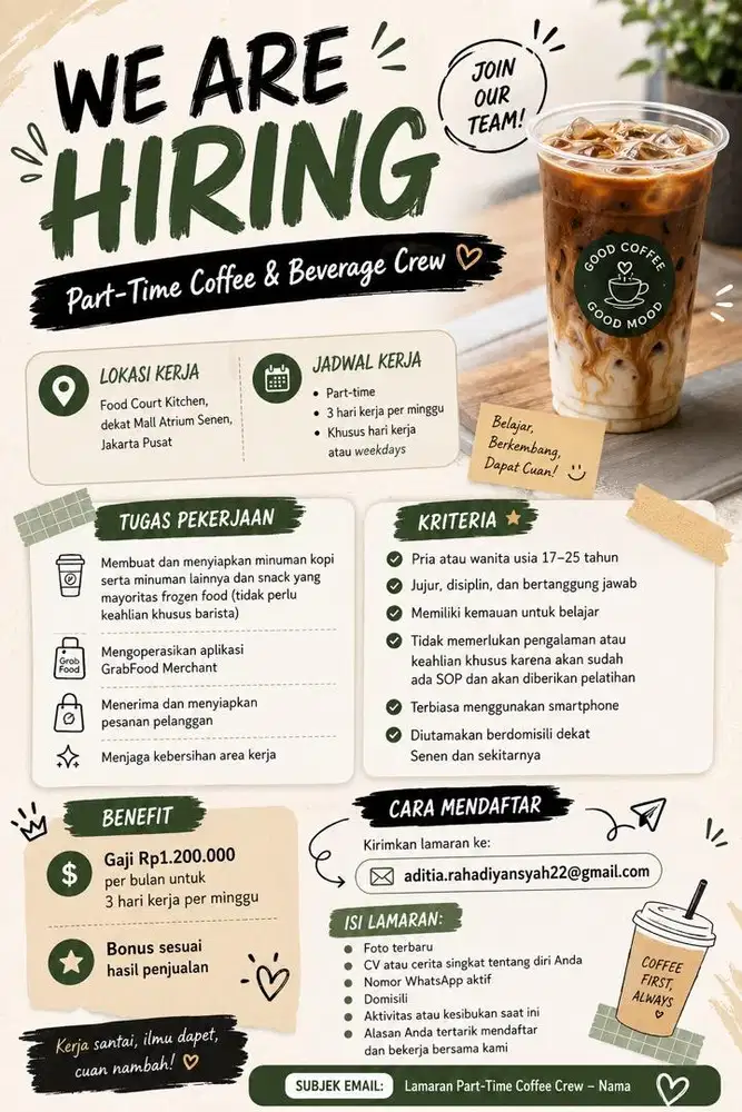 Parttime Tiga Hari Seminggu Food Court Jualan Minuman dan Snack