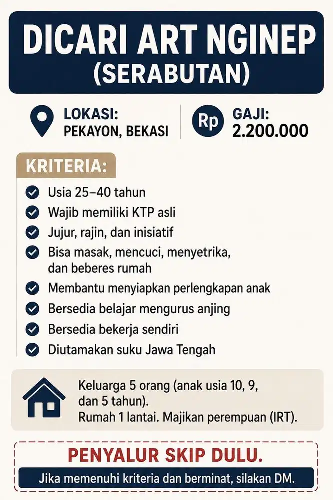 Butuh ART Nginep, Kerja Sendiri – Pekayon Bekasi