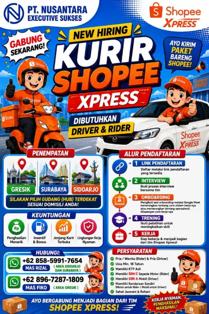 Dibutuhkan kurir area SURABAYA SIDOARJO GRESIK