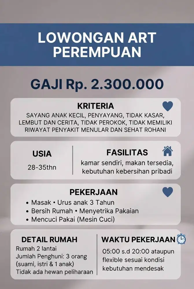 DICARI ASISTEN RUMAH TANGGA YANG SIAP BEKERJA