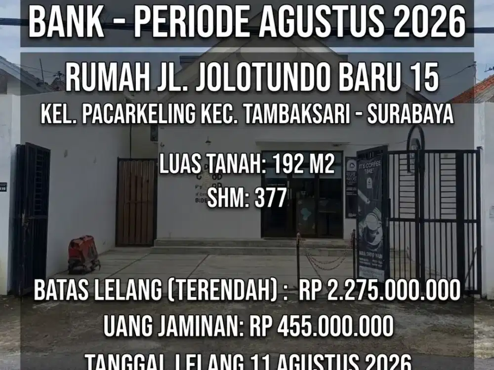 LUAS 192M2!! DIJUAL RUMAH VIA LELANG DI TAMBAKSARI SURABAYA (JALAN JOLOTUNDO BARU)