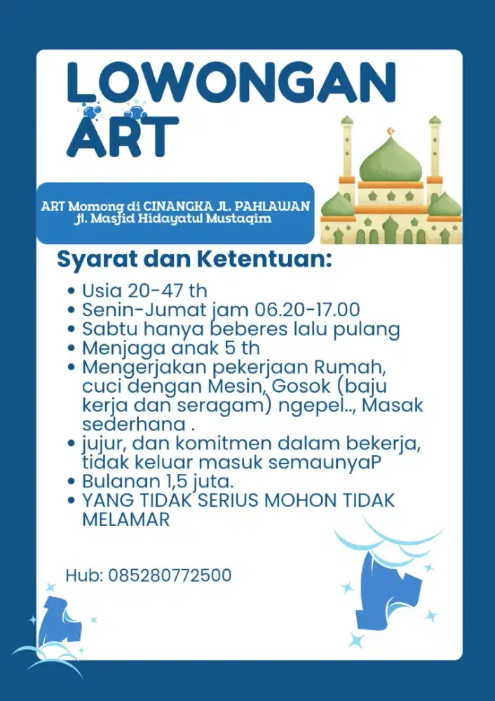 Lowongan ART pulang pergi (PP) Jl. Pahlawan Cinangka