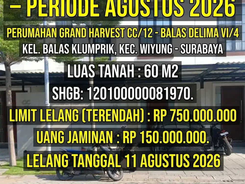 LUAS 60M2!! DIJUAL RUMAH VIA LELANG DI WIYUNG SURABAYA (PERUM GRAND HARVEST)