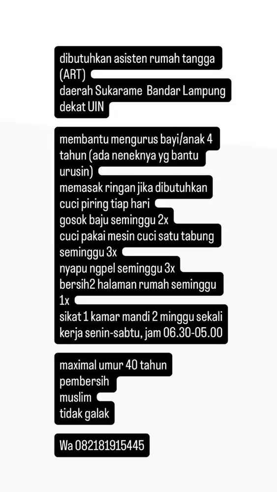 Dibutukan ART PP SUKARAME