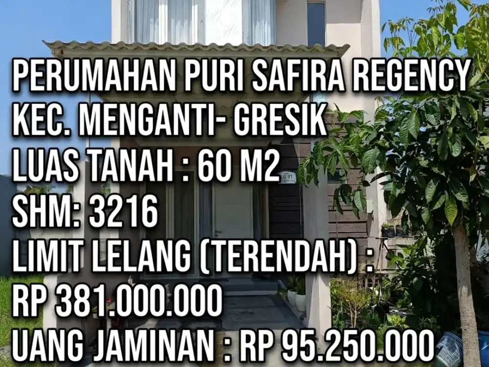 2 LANTAI - LUAS 60M2!! DIJUAL RUMAH VIA LELANG DI MENGANTI GRESIK (PERUM PURI SAFIRA REGENCY)