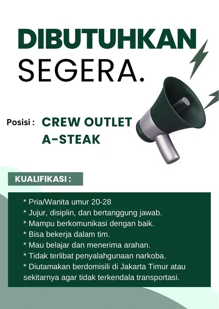 Dibutuhkan crew outlet A-Steak