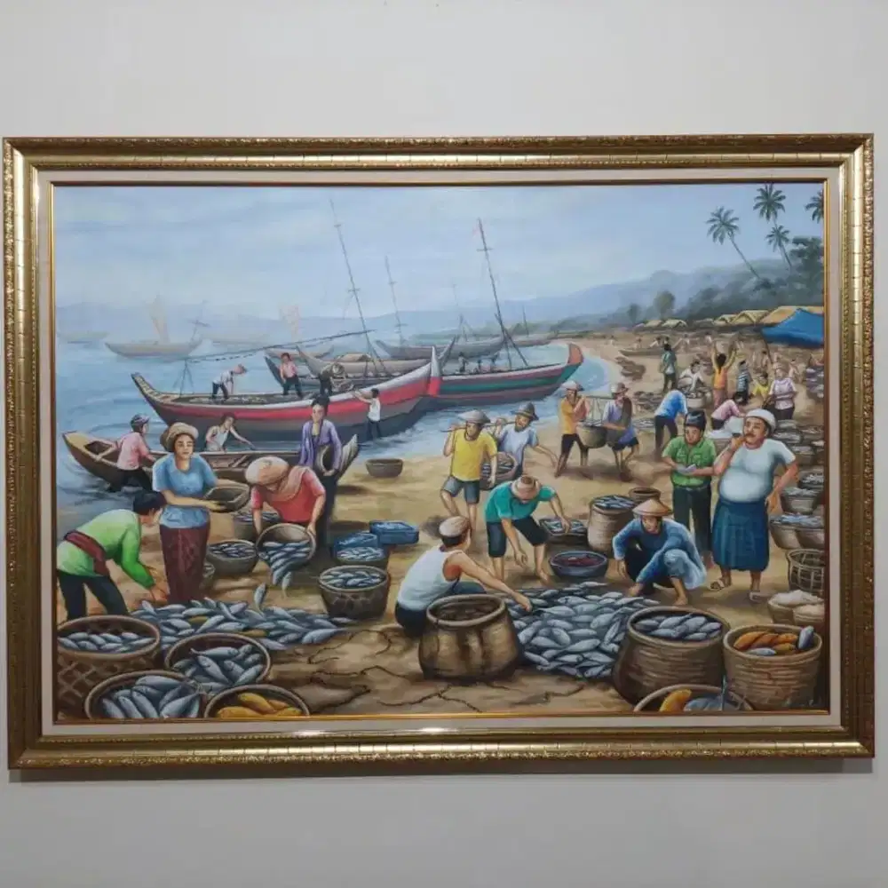 Dijual lukisan kanvas pasar ikan 90x130 cm