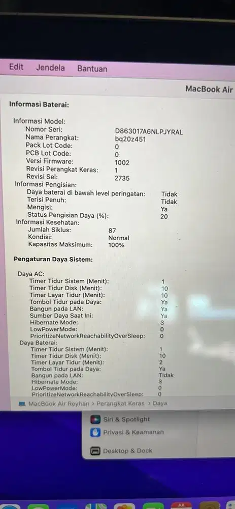 Macbook air M1 pink battery 87%