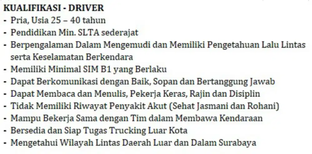 Loker Driver dan Ops.Handling