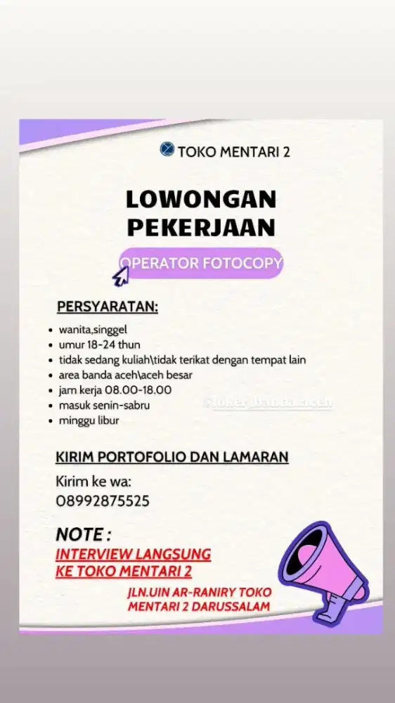 Di cari karyawan wanita operator foto copy