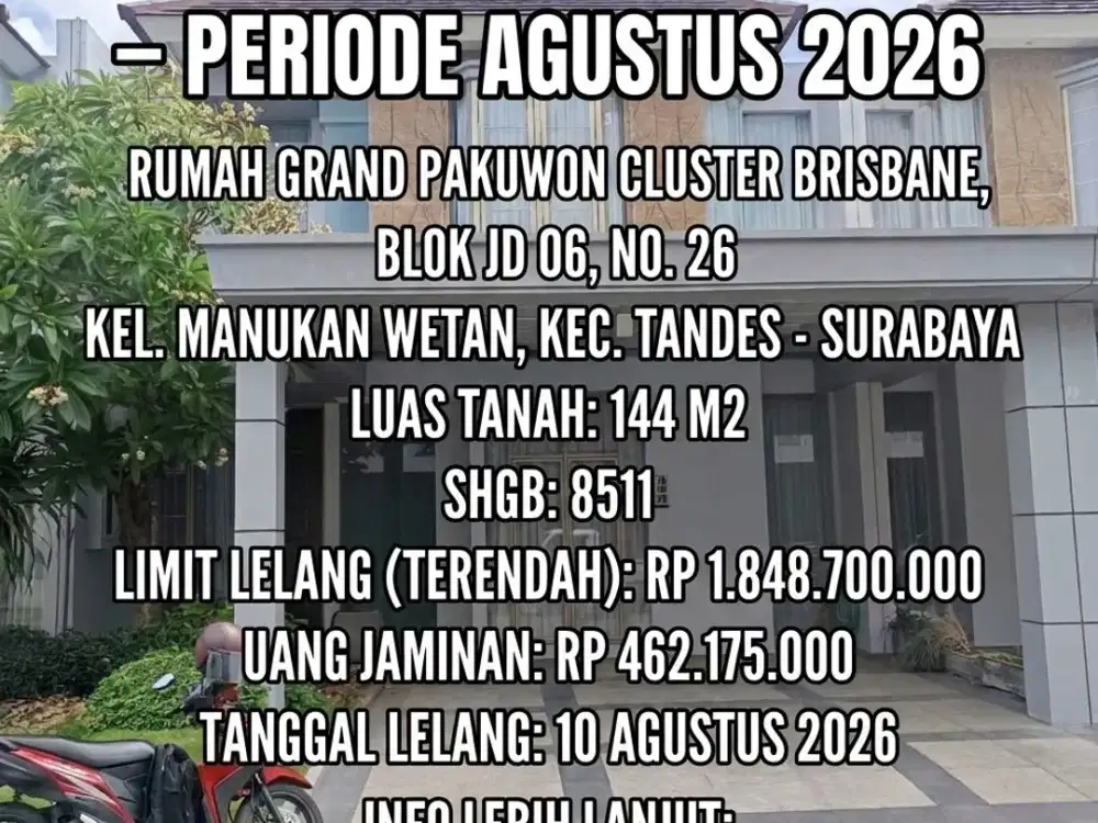 LUAS 144M2!! DIJUAL RUMAH VIA LELANG DI TANDES SURABAYA (PERUM GRAND PAKUWON CLUSTER BRISBANE)