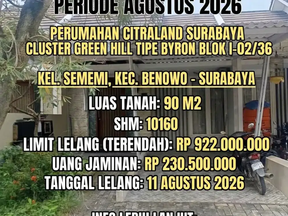 LUAS 90M2!! DIJUAL RUMAH VIA LELANG DI BENOWO SURABAYA (PERUM CITRALAND SURABAYA CLUSTER GREEN HILL)